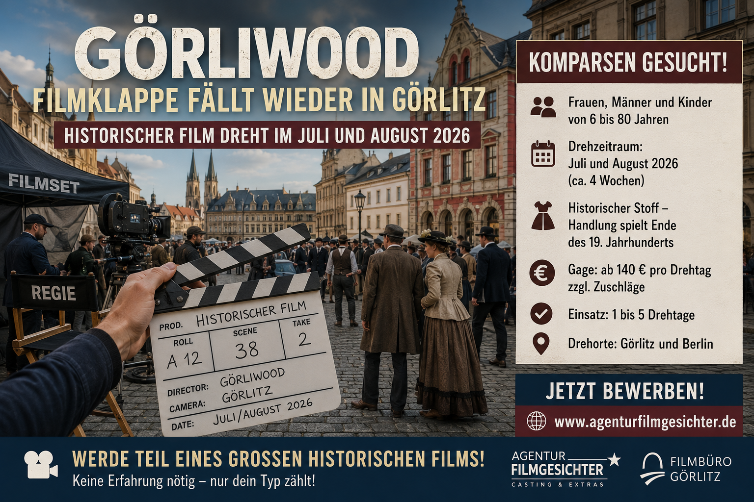 Historischer Filmdreh in Görlitz mit Komparsen und Filmklappe