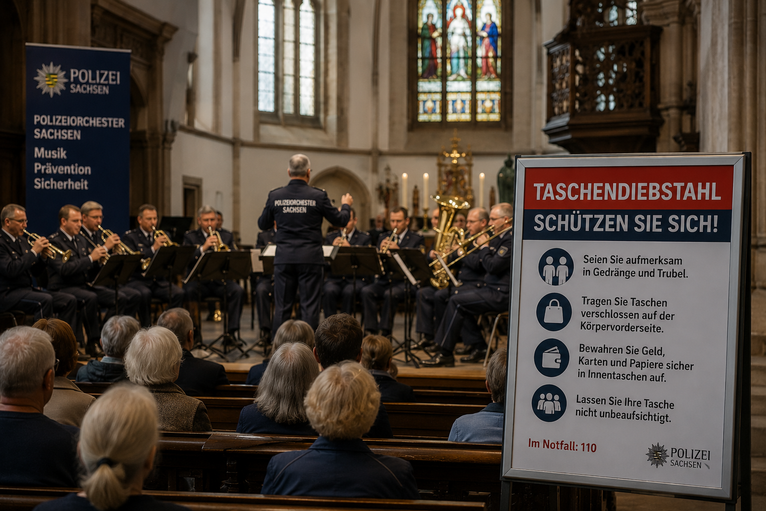 Polizeiorchester Sachsen in der St.-Johannis-Kirche Zittau mit Tipps gegen Taschendiebstahl