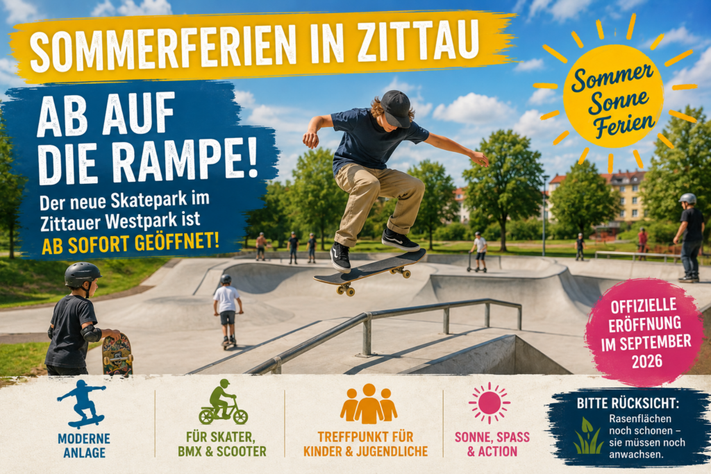 Beitragsbild zum neuen Skatepark im Zittauer Westpark mit Skateboardern und Hinweis auf die Öffnung in den Sommerferien 2026