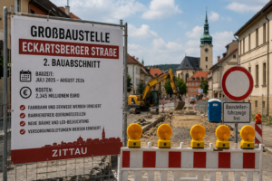 Großbaustelle auf der Eckartsberger Straße in Zittau beim 2. Bauabschnitt