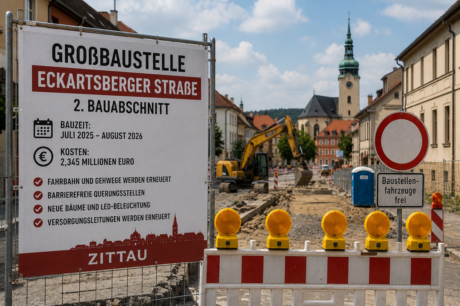 Großbaustelle auf der Eckartsberger Straße in Zittau beim 2. Bauabschnitt
