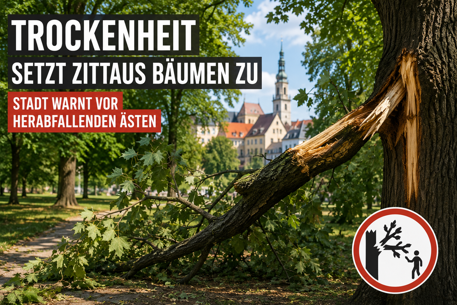Abgebrochener Ast in einer Zittauer Parkanlage als Symbol für die Astbruchgefahr durch Trockenheit