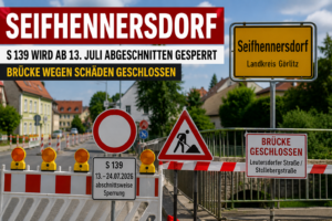 Symbolbild zu den Verkehrssperrungen in Seifhennersdorf mit Baustellenabsperrung, S 139 und gesperrter Brücke