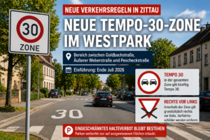 Symbolbild zur neuen Tempo-30-Zone im Zittauer Westpark mit Hinweis auf rechts vor links und geänderte Verkehrsregeln
