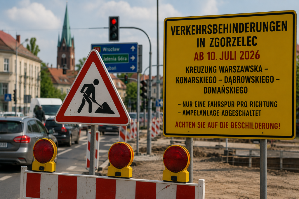 Das Symbolbild zeigt eine innerstädtische Baustelle mit Absperrungen, Warnleuchten und stockendem Verkehr. Es begleitet den Bericht über die Verkehrseinschränkungen in Zgorzelec, bei denen die Ampelanlage vorübergehend abgeschaltet und der Verkehr auf jeweils eine Fahrspur pro Richtung reduziert wird.