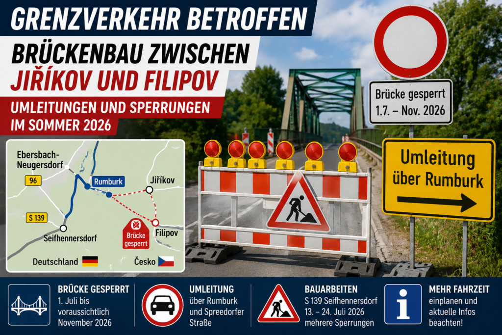 Brückensperrung zwischen Jiříkov und Filipov mit Umleitung über Rumburk und Einschränkungen im Grenzverkehr bei Ebersbach-Neugersdorf