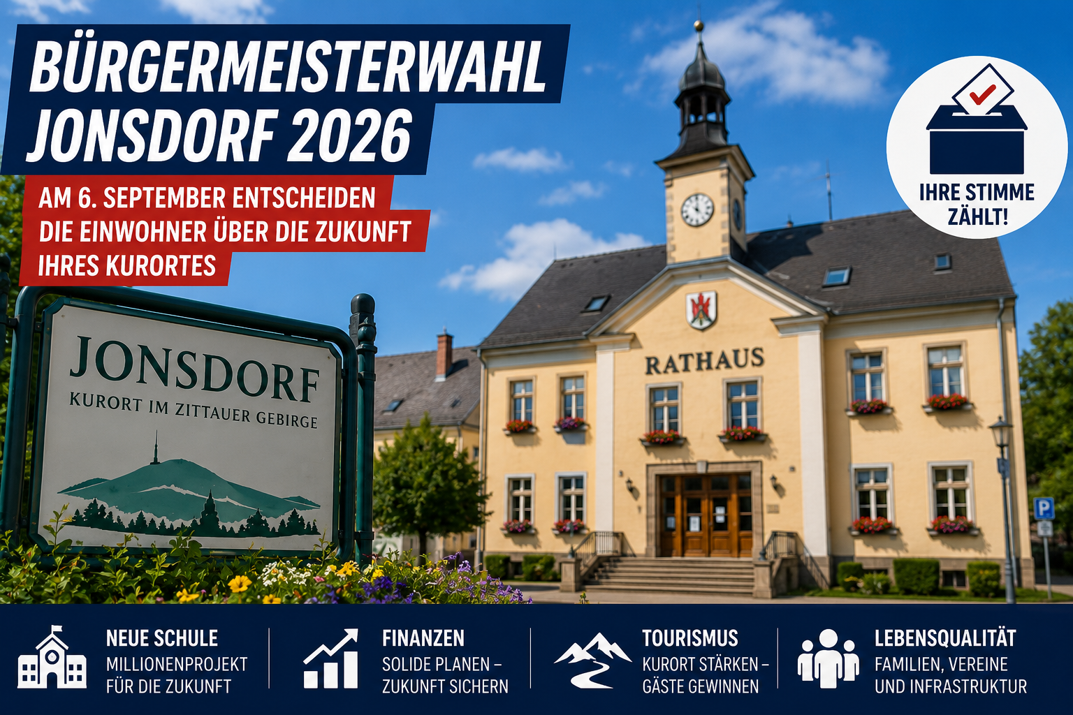 Beitragsbild zur Bürgermeisterwahl in Jonsdorf 2026 mit Rathaus, Wahlsymbol und Themen wie Schule, Finanzen und Tourismus