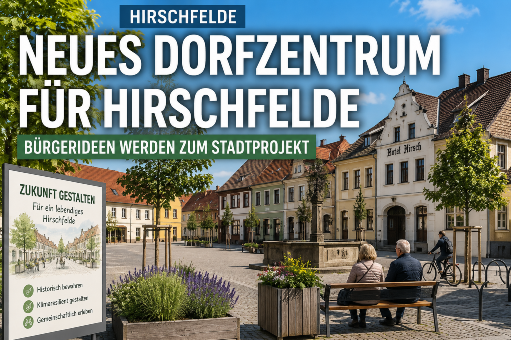 Symbolbild zum geplanten neuen Dorfzentrum in Hirschfelde mit historischem Ortskern, Grünflächen und Aufenthaltsbereichen