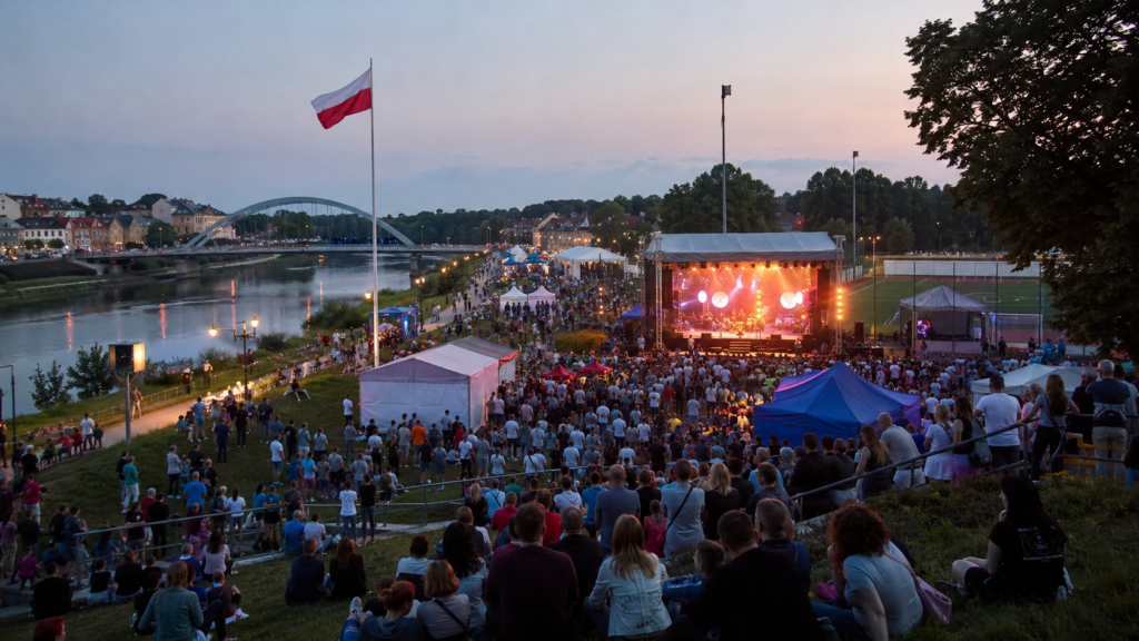 Symbolbild zum Stadtfest Zgorzelec 2026 mit Konzertbühne, Publikum und polnischer Flagge