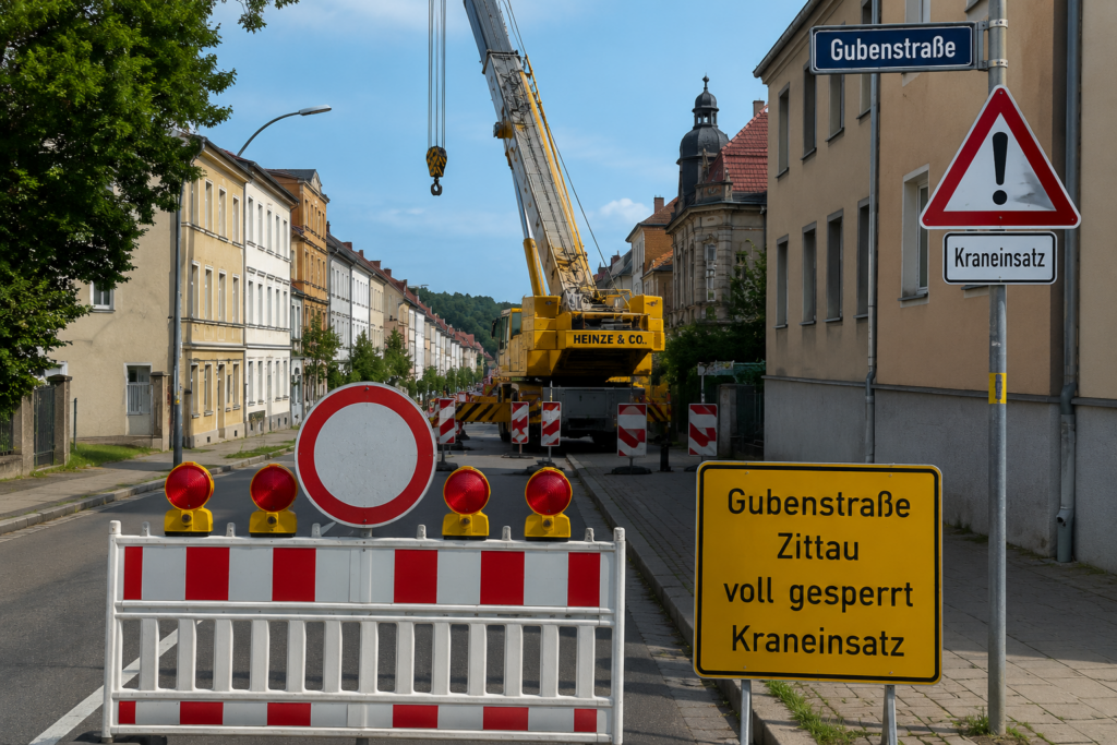 Vollsperrung der Gubenstraße in Zittau wegen Kraneinsatz
