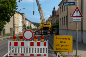 Vollsperrung der Gubenstraße in Zittau wegen Kraneinsatz