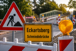 Symbolbild zur Baustelle an der Schmiedebrücke in Eckartsberg mit Baustellenschild, Absperrung und Brückenbau im Hintergrund