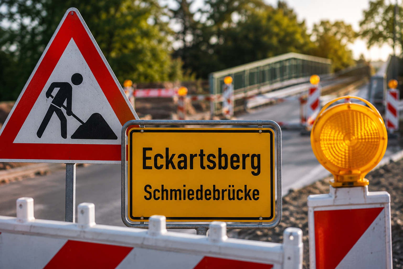 Symbolbild zur Baustelle an der Schmiedebrücke in Eckartsberg mit Baustellenschild, Absperrung und Brückenbau im Hintergrund