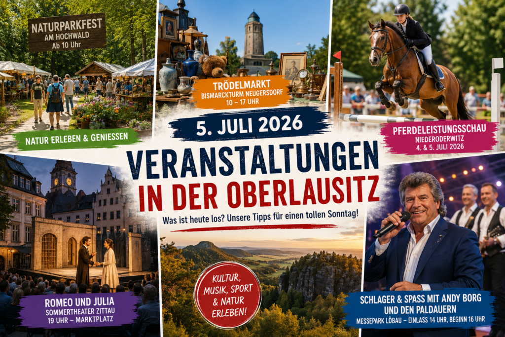 Veranstaltungen in der Oberlausitz am 5. Juli 2026 mit Naturparkfest, Trödelmarkt, Pferdesport, Theater und Schlager