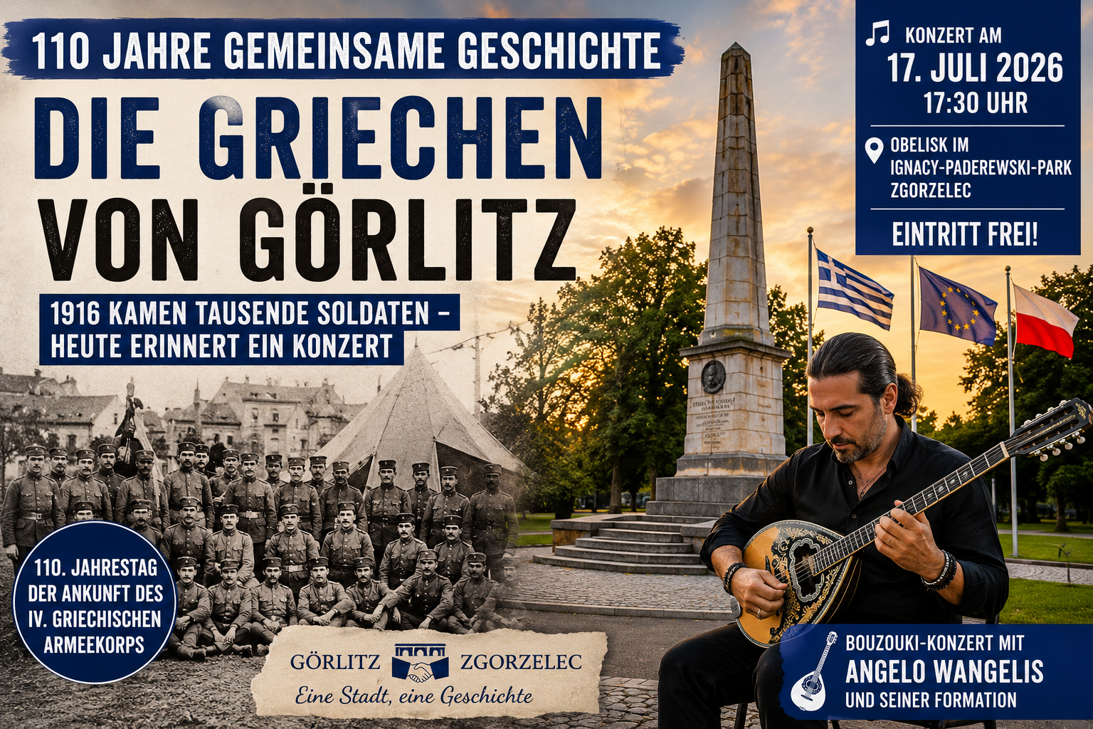 Beitragsbild zum 110. Jahrestag der Ankunft des IV. griechischen Armeekorps in Görlitz mit historischen Soldaten und Bouzouki-Konzert in Zgorzelec