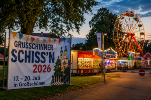 Festplatz zum Grußschinner Schiss’n 2026 in Großschönau mit Riesenrad, Fahrgeschäften und beleuchteten Ständen