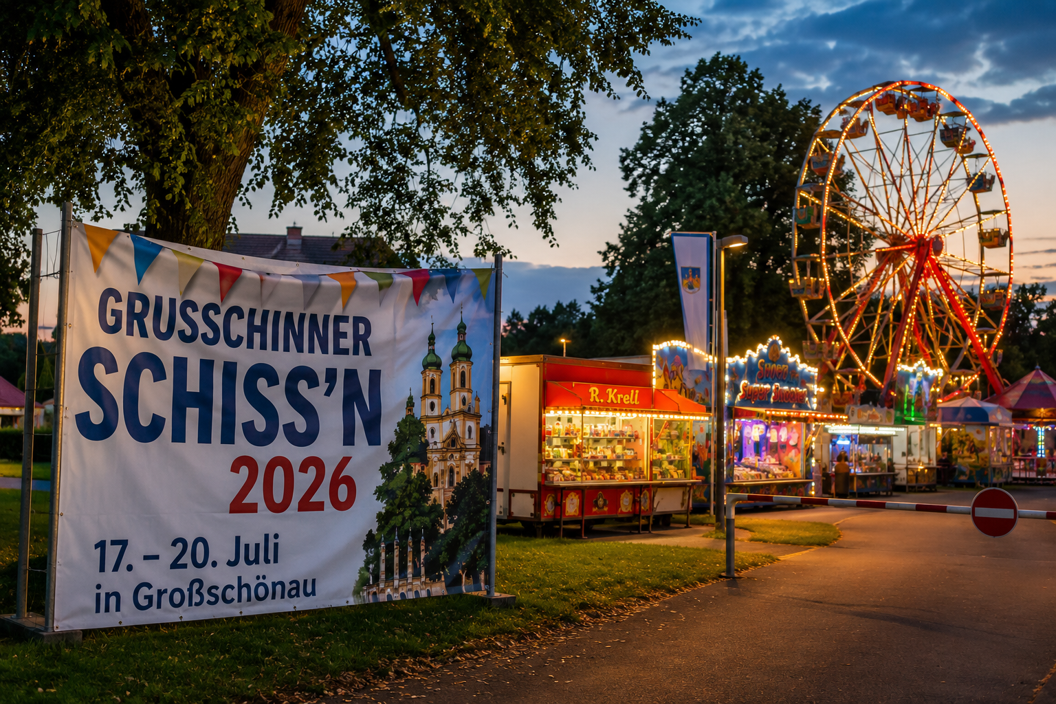 Festplatz zum Grußschinner Schiss’n 2026 in Großschönau mit Riesenrad, Fahrgeschäften und beleuchteten Ständen