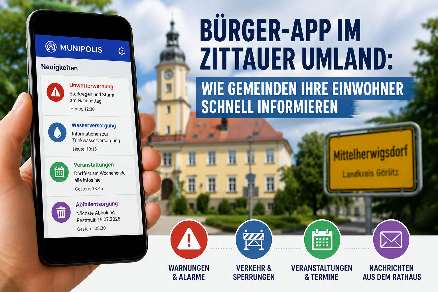 Smartphone mit Bürger-App für Mittelherwigsdorf und Informationen zu Warnungen, Verkehr, Veranstaltungen und Gemeindemeldungen