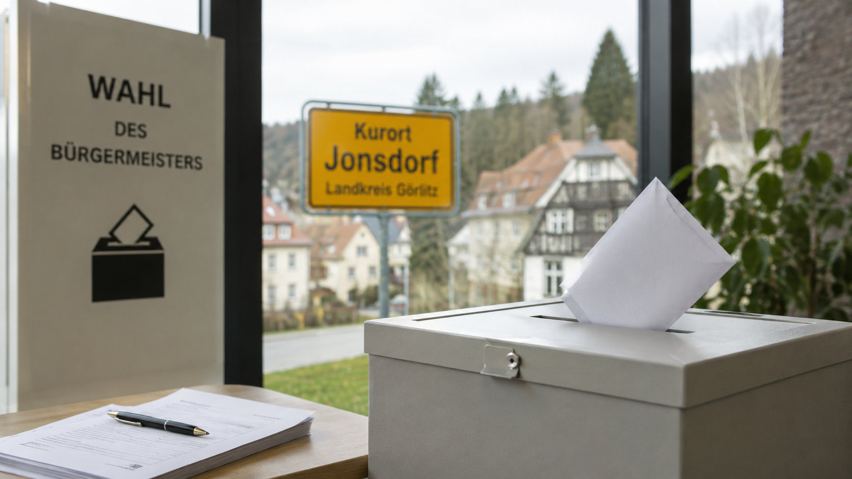 Symbolbild zur Bürgermeisterwahl in Jonsdorf 2026 mit Wahlurne, Stimmzettel und Ortsschild des Kurortes Jonsdorf