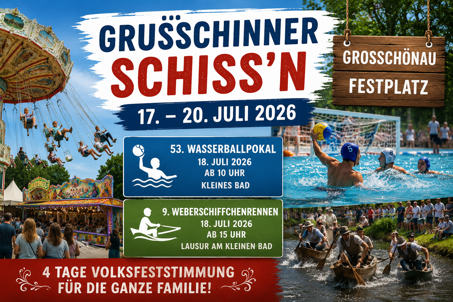 Grußschinner Schiss’n 2026 in Großschönau mit Volksfest Wasserballpokal und Weberschiffchenrennen