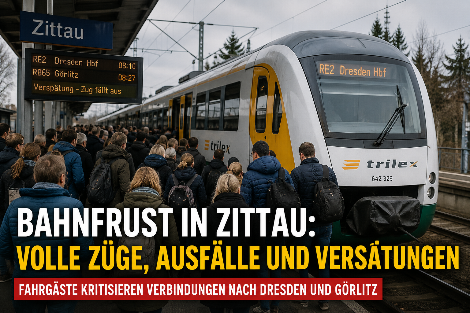 Symbolbild zu Bahnproblemen in Zittau mit vollem Bahnsteig, Regionalzug und Hinweisen auf Verspätungen und Zugausfälle