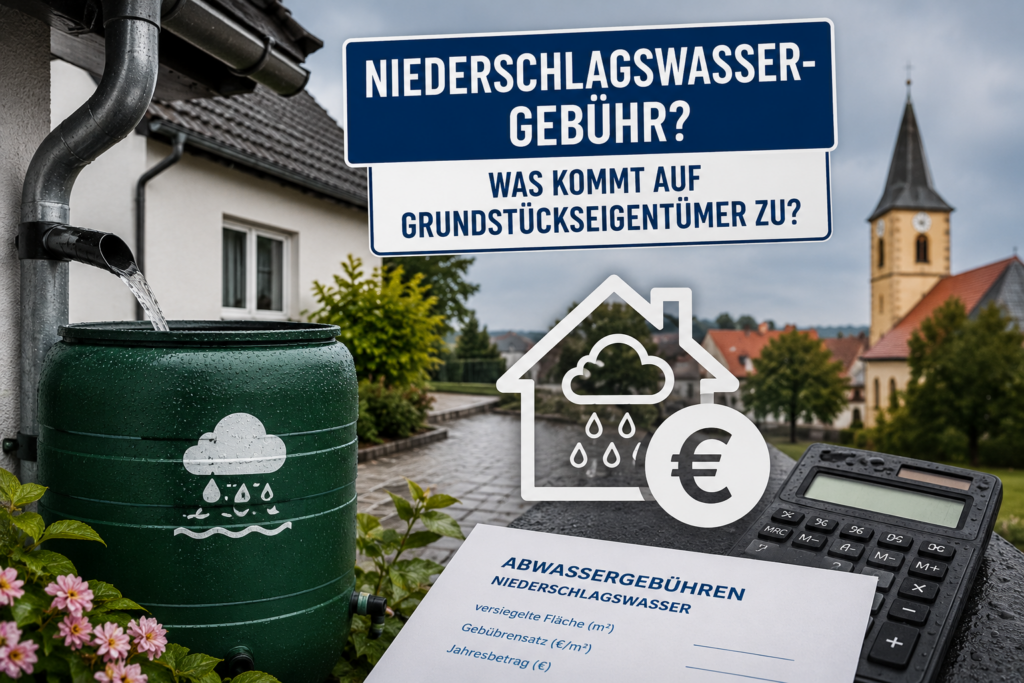 Symbolbild zur geplanten Niederschlagswassergebühr in Herrnhut mit Regenfass, Dachentwässerung und Gebührenberechnung für Grundstückseigentümer