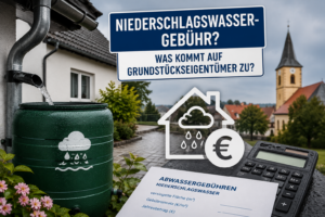 Symbolbild zur geplanten Niederschlagswassergebühr in Herrnhut mit Regenfass, Dachentwässerung und Gebührenberechnung für Grundstückseigentümer