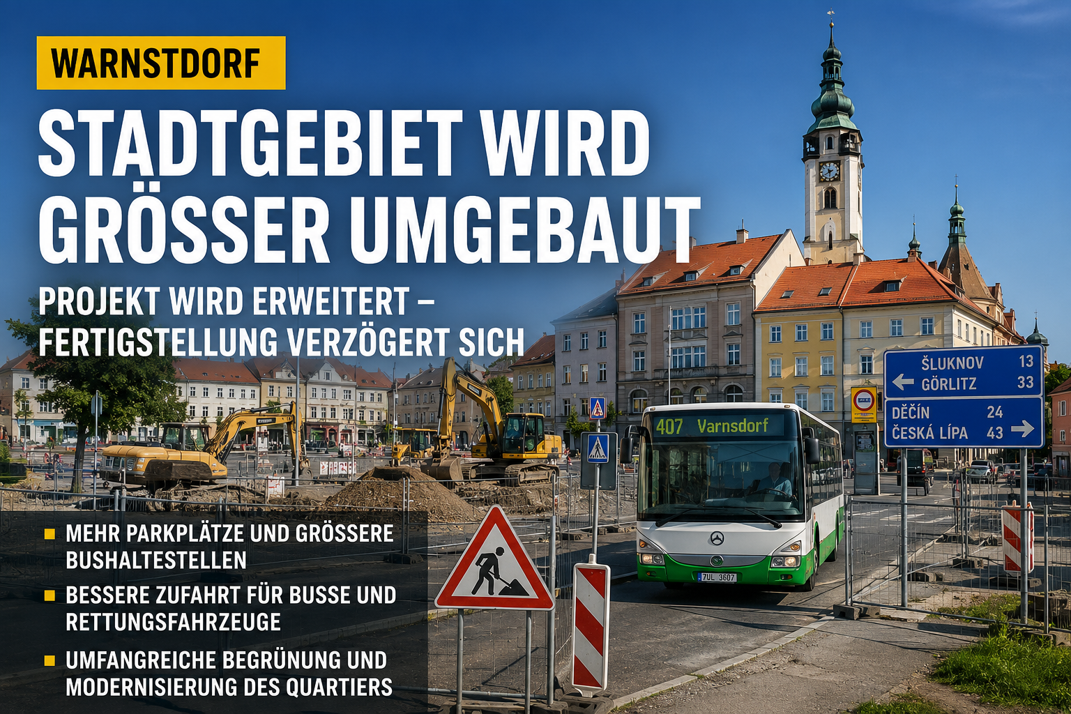 Baustelle in Warnsdorf als Symbolbild für die erweiterte Umgestaltung zwischen Kmochova- und Pražská-Straße