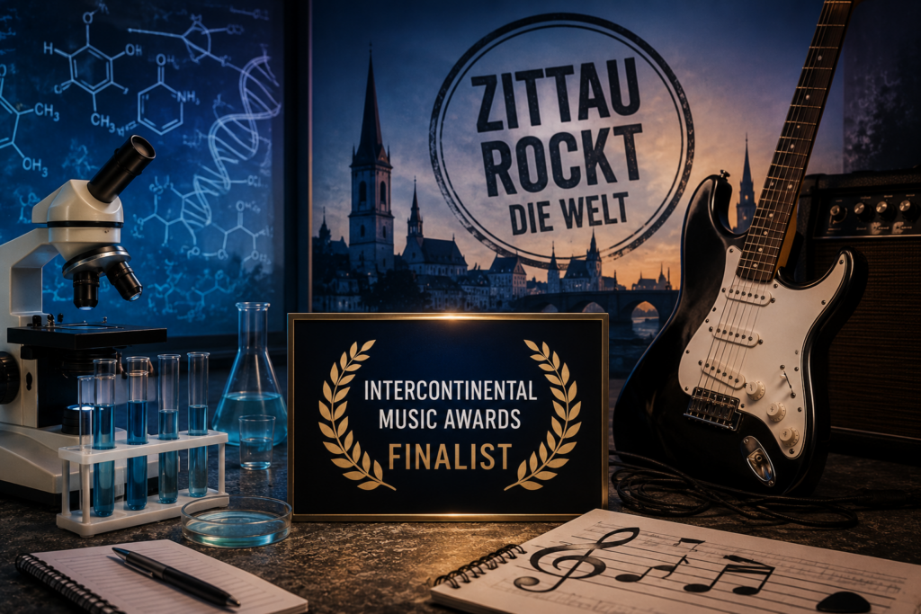 Symbolbild zu Rockvyn aus Zittau mit Mikroskop, Laborutensilien, E-Gitarre und Hinweis auf die Finalteilnahme bei einem internationalen Musikpreis