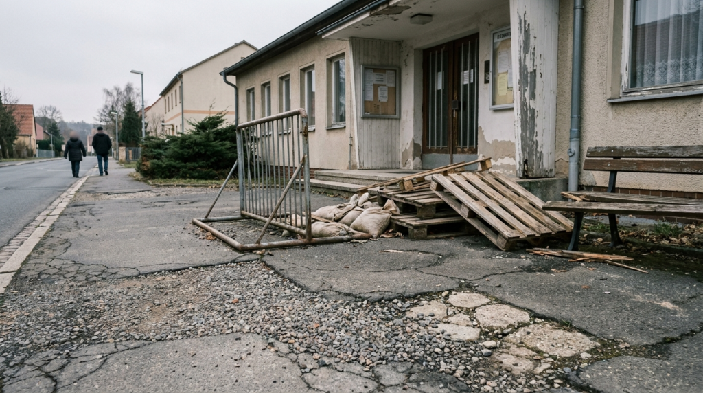 Geschlossene kommunale Einrichtung mit Absperrung und sanierungsbedürftiger Zufahrt im Zittauer Umland