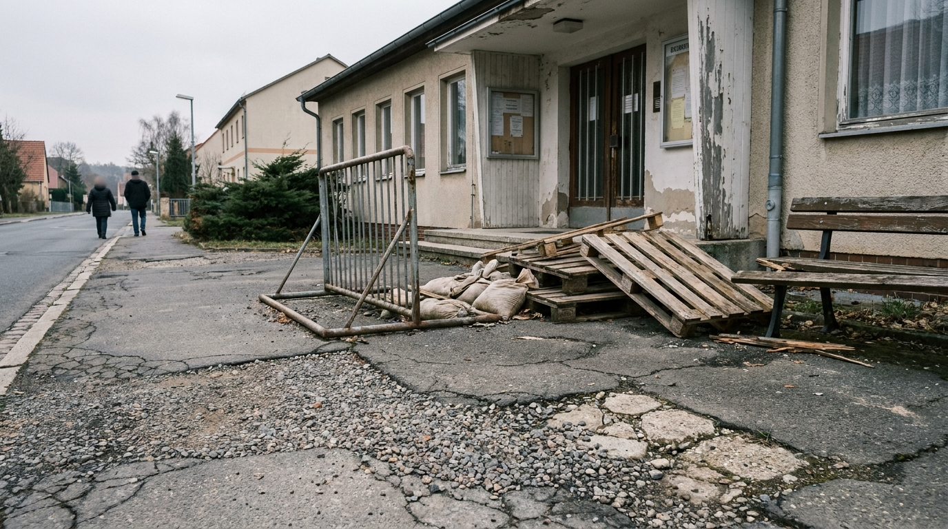 Geschlossene kommunale Einrichtung mit Absperrung und sanierungsbedürftiger Zufahrt im Zittauer Umland