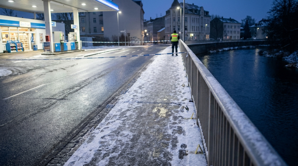 Nächtlicher Bereich an einer Brücke über die Mandau in Zittau mit Absperrung nach einer schweren Gewalttat.