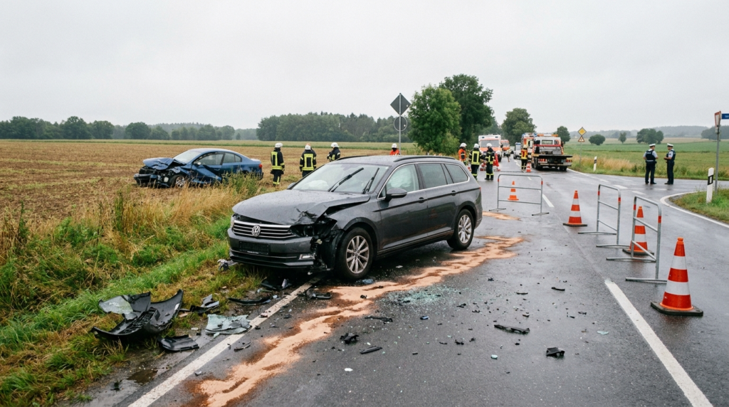 Zwei schwer beschädigte Autos nach einem Kreuzungsunfall auf der Zittauer Straße zwischen Hörnitz und Großschönau.