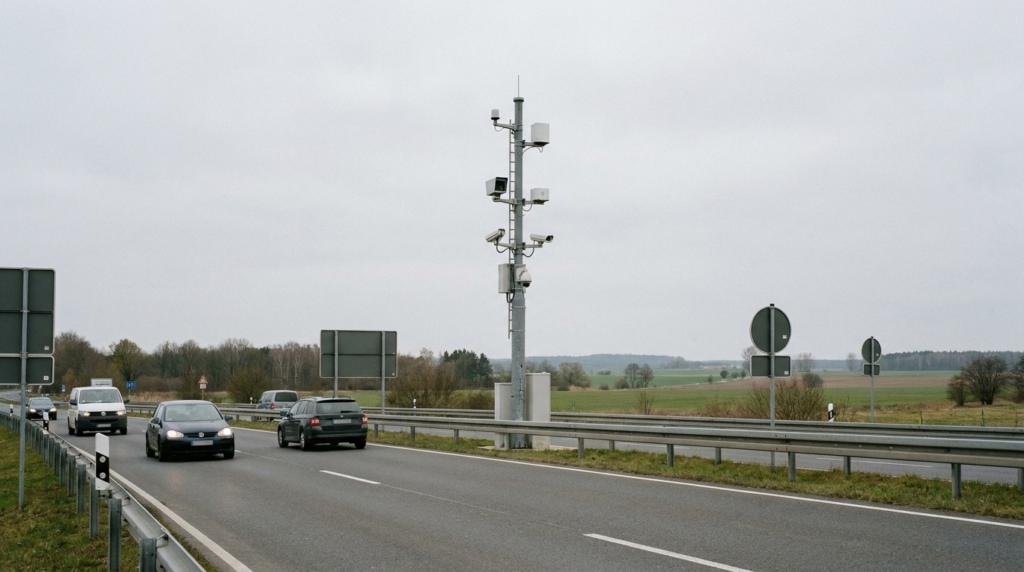 Kameramast an einem Grenzübergang bei Zittau zur Erfassung vorbeifahrender Fahrzeuge