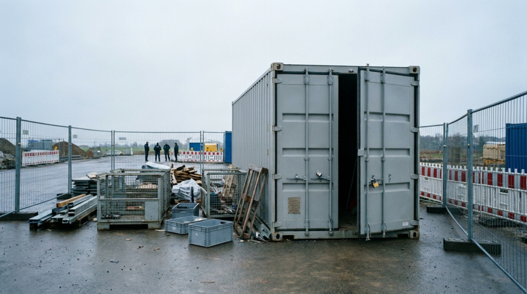 Aufgebrochener Baustellencontainer in Niederoderwitz nach dem Diebstahl mehrerer Baugeräte