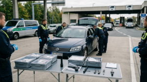 Bundespolizisten kontrollieren ein Auto an der deutsch-polnischen Grenze in Zittau.